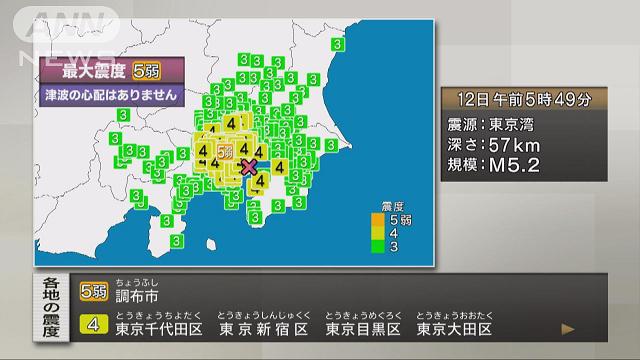 【速報】東京都多摩東部で震度5弱