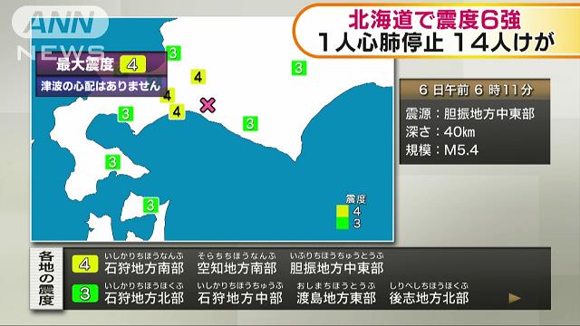 【速報】石狩地方南部などで震度4