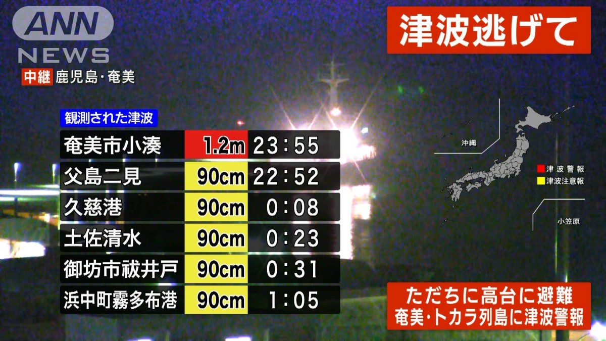 午前1時現在】和歌山県御坊市と岩手県久慈市で90cmの津波観測 被害なし