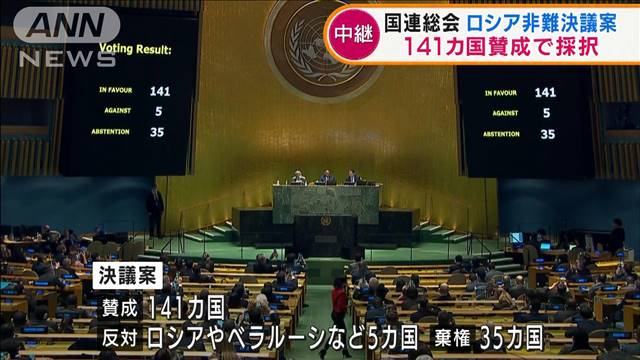 国連総会の緊急特別会合 ロシア非難決議案を採択｜テレ朝newsテレビ朝日のニュースサイト