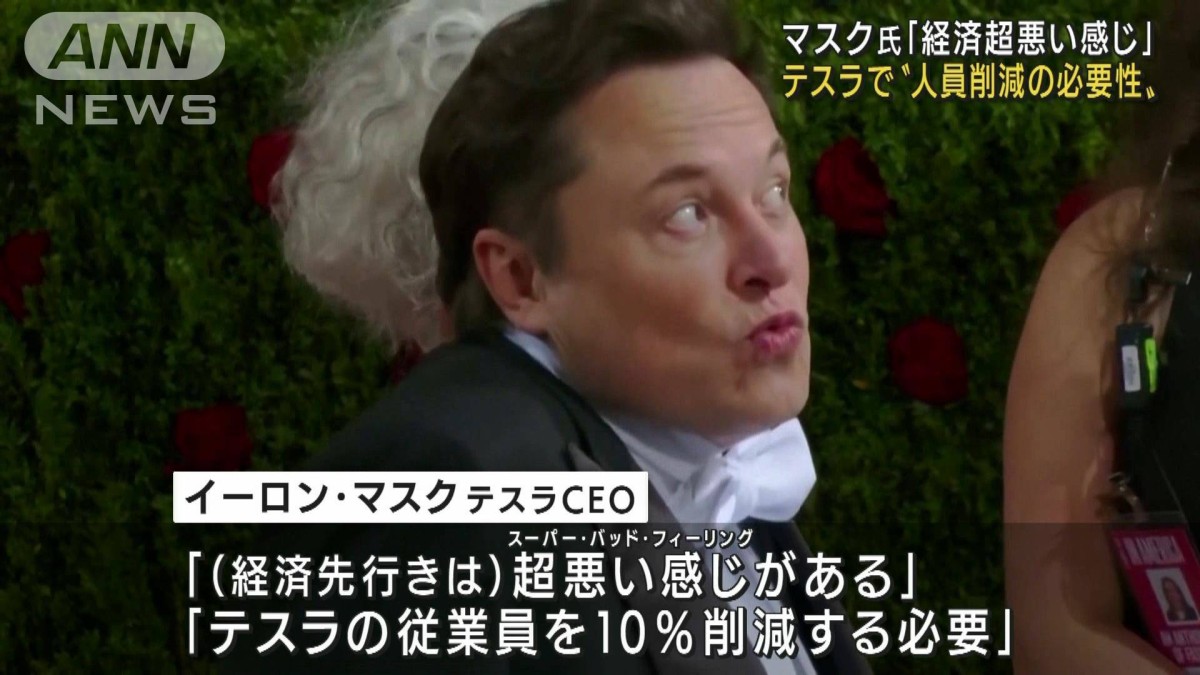 マスク氏「経済超悪い感じがある」と人員削減を指示　悪材料相次ぎテスラの株価が下落