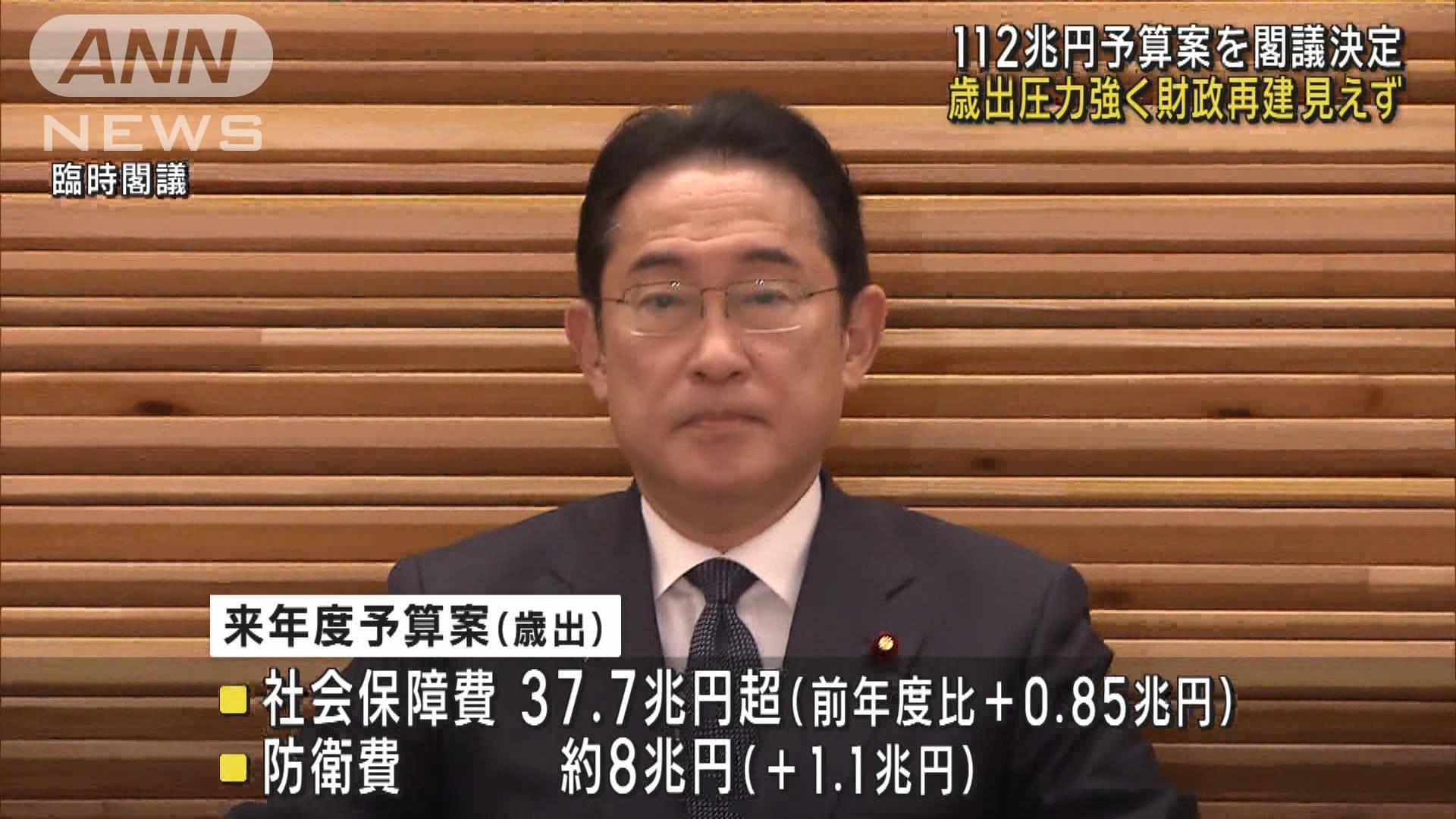 来年度予算案を閣議決定 一般会計の歳出総額112兆円超