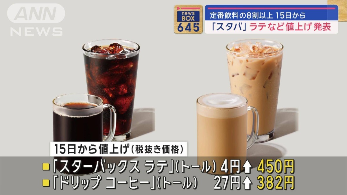 スタバ」ラテなど値上げ発表 定番飲料の8割以上 15日から