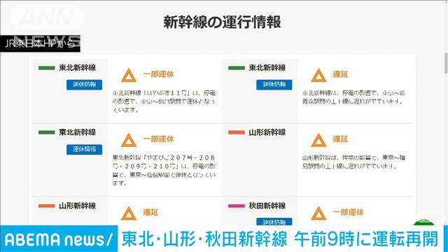 【速報】電力トラブルの東北・秋田・山形新幹線が午前9時に運転再開　 2024年03月29日(金)