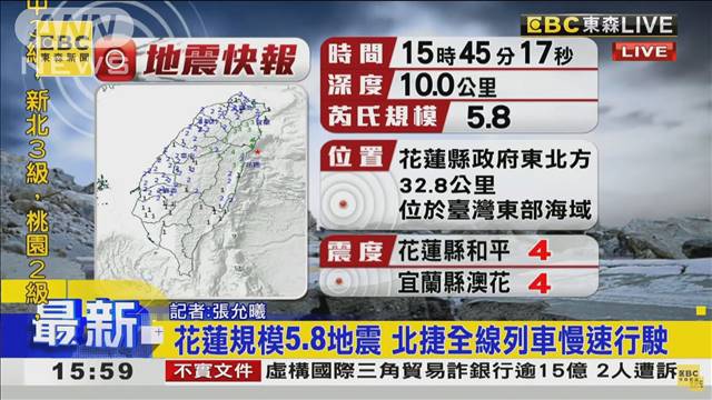 【速報】台湾東部の花蓮県沖でM5.8の地震　震源の深さは約10キロ　4月の地震の余震か