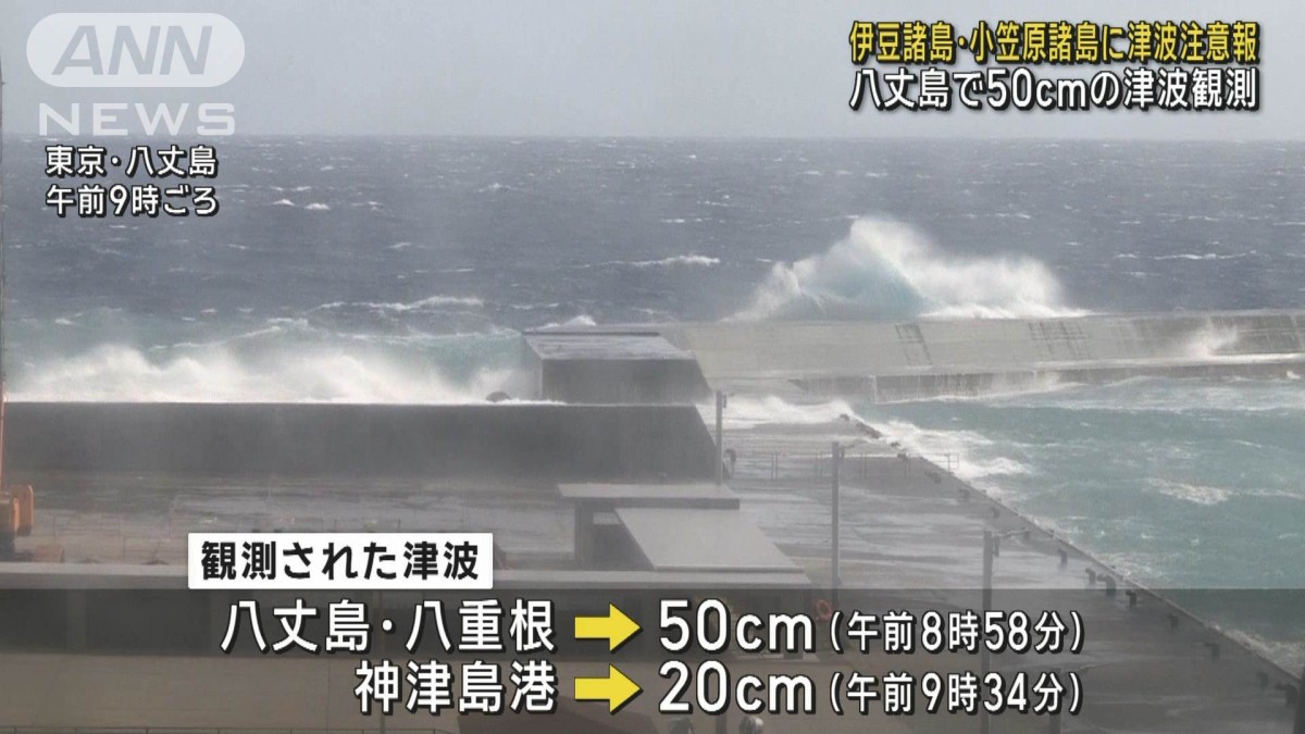 伊豆諸島・小笠原諸島に津波注意報 八丈島で50センチの津波観測