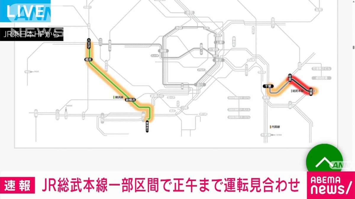 総武本線で一部運転見合わせ 電気ケーブルに倒木で停電 JR東日本