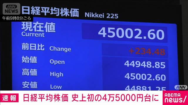 日経平均株価　史上初の4万5000円台に　取引時間中の最高値を3営業日連続で更新 2025年09月16日(火)