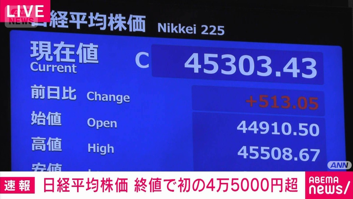 最終お値段です。奇想天外　５年目株 速報】日経平均株価 終値で初の4万5000円超 最高値更新 前日比＋513円