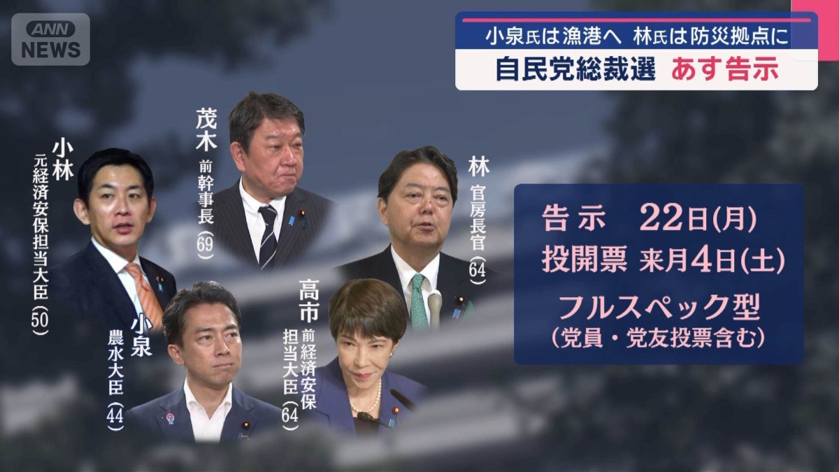自民党総裁選　22日告示　小泉氏は漁港へ　林氏は防災拠点に