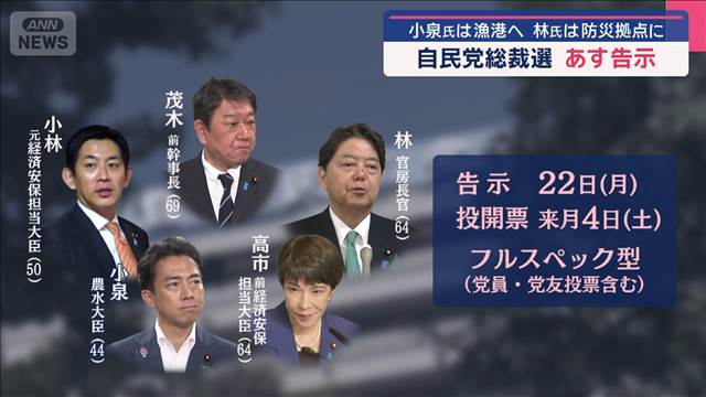 自民党総裁選　22日告示　小泉氏は漁港へ　林氏は防災拠点に