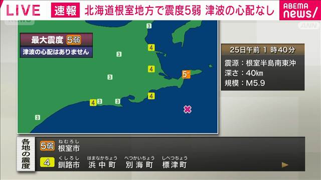 北海道根室地方で震度5弱 津波の心配なし