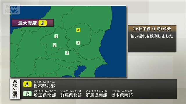 栃木県北部で震度4