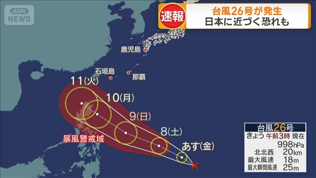 日本のはるか南で台風26号が発生　まだ進路が不確実だが日本に近づく可能性も