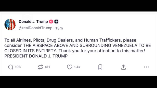 トランプ氏 ベネズエラ上空は「全面閉鎖」 軍事圧力と対話姿勢で反米政権を揺さぶりか