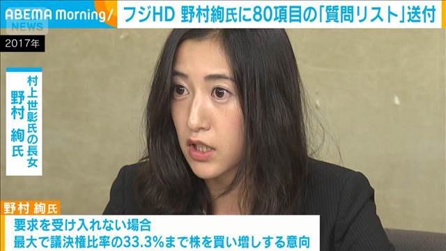 フジHD　野村氏に80項目の質問リストを送付　大量買い増しの目的など