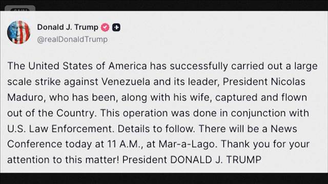 「ベネズエラへの大規模攻撃に成功　マドゥロ大統領を拘束し国外に移送」米トランプ氏