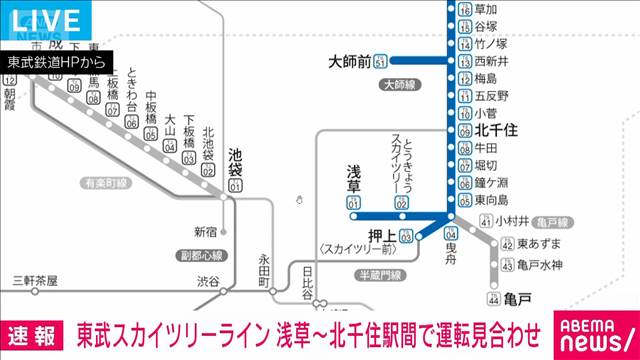【速報】東武スカイツリーライン 浅草～北千住駅間で運転見合わせ　信号トラブル影響