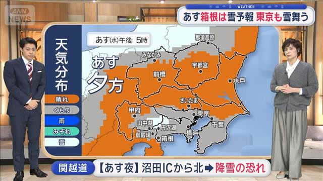 【関東の天気】あす　今シーズン一番の寒さに！　箱根は雪予報　東京も雪舞う