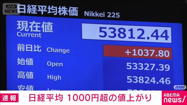 日経平均株価は一時1000円以上値上がり