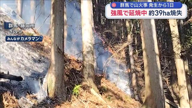 群馬で山火事　発生から1日　強風で延焼中　鎮火めど立たず　約39ha焼失