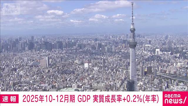 2025年10-12月期GDP　実質成長率+0.2％（年率）　2四半期ぶりプラス成長　内閣府