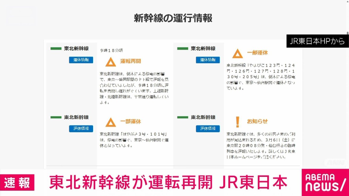 東北新幹線が運転を再開 倒木の影響で東京−盛岡駅で一時運転見合わせ