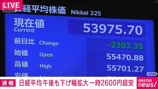 日経平均 午後の取引も下げ幅拡大　一時2600円超安