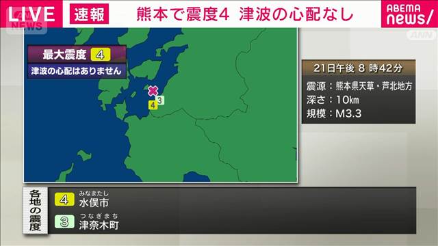 熊本県天草・芦北で震度4