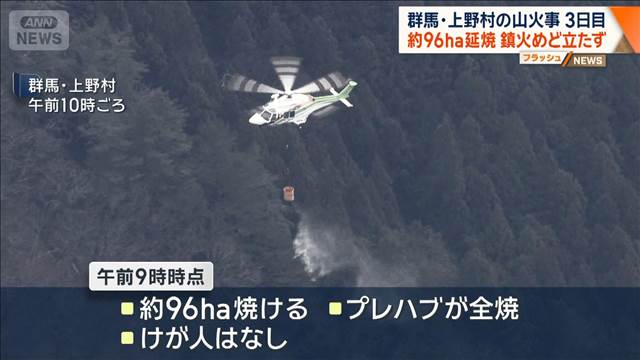 群馬・上野村の山火事　3日目　約96ha延焼　鎮火めど立たず