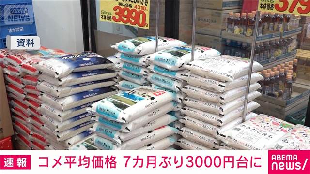 コメ平均価格　7カ月ぶり3000円台（3980円/5kg）　全国スーパー約1000店　農水省