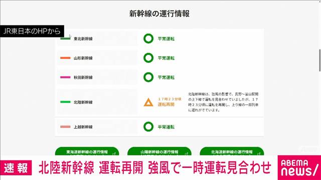 北陸新幹線が運転再開　強風の影響で午後3時半過ぎから一部区間で運転見合わせ