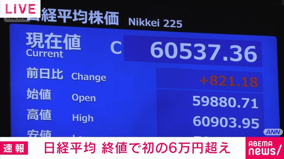 速報】日経平均株価の終値6万537円 終値としての最高値を2営業日連続で更新