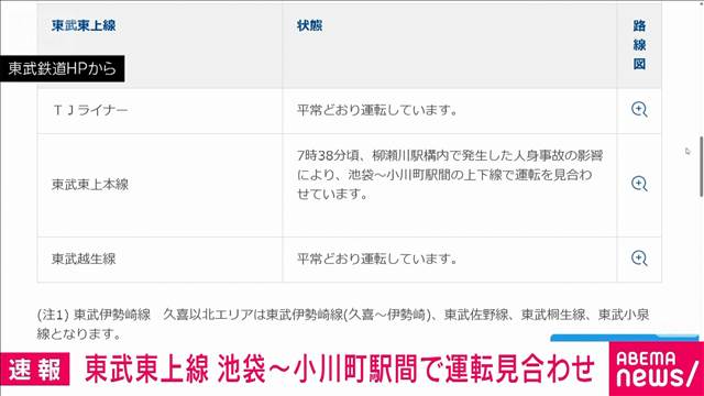 東武東上線　池袋～小川町駅間の上下線で運転見合わせ