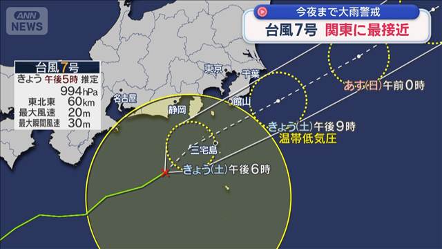 「台風7号」今夜まで大雨警戒を　午後9時ごろに温帯低気圧に変わる見込み