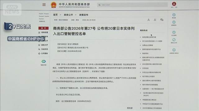 中国　日本の20の研究機関など　新たに輸出管理規制リストに「軍国主義の抑止が目的」