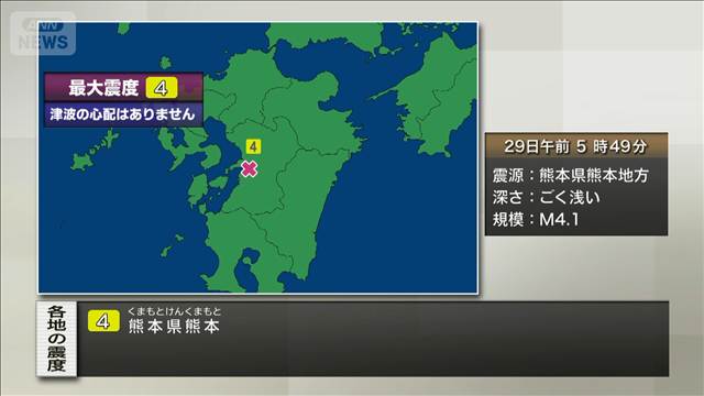 熊本県熊本で震度4　津波の心配なし