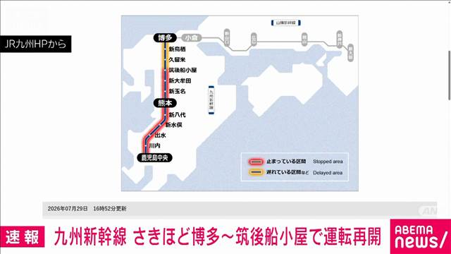 【速報】九州新幹線　博多～筑後船小屋で午後5時ごろに運転再開予定　JR九州