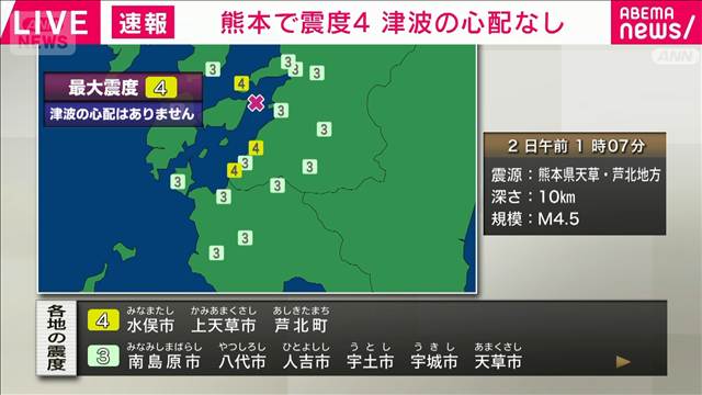 熊本県天草・芦北で震度4　津波の心配なし