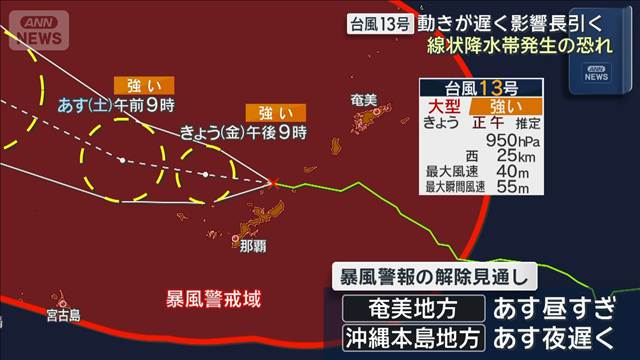 台風13号　動きが遅く影響長引く　線状降水帯発生のおそれ