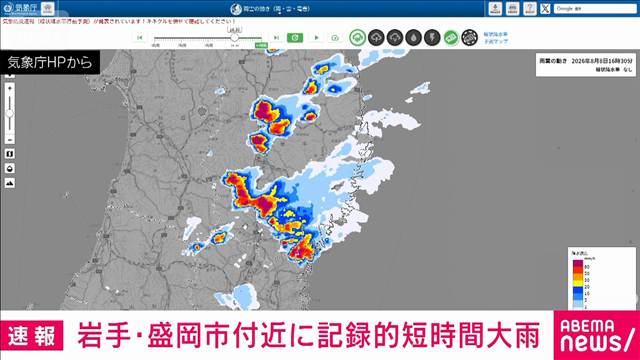 岩手県に記録的短時間大雨に関する気象防災速報　盛岡市に100ミリ/1時間 猛烈な雨