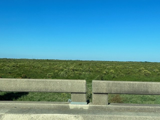 ニューオーリンズを出るとしばらく湿地帯を走った。北西に進むI-10はルイジアナ州第２の都市のバトンルージュからほぼ真西に方向を変える＝筆者撮影