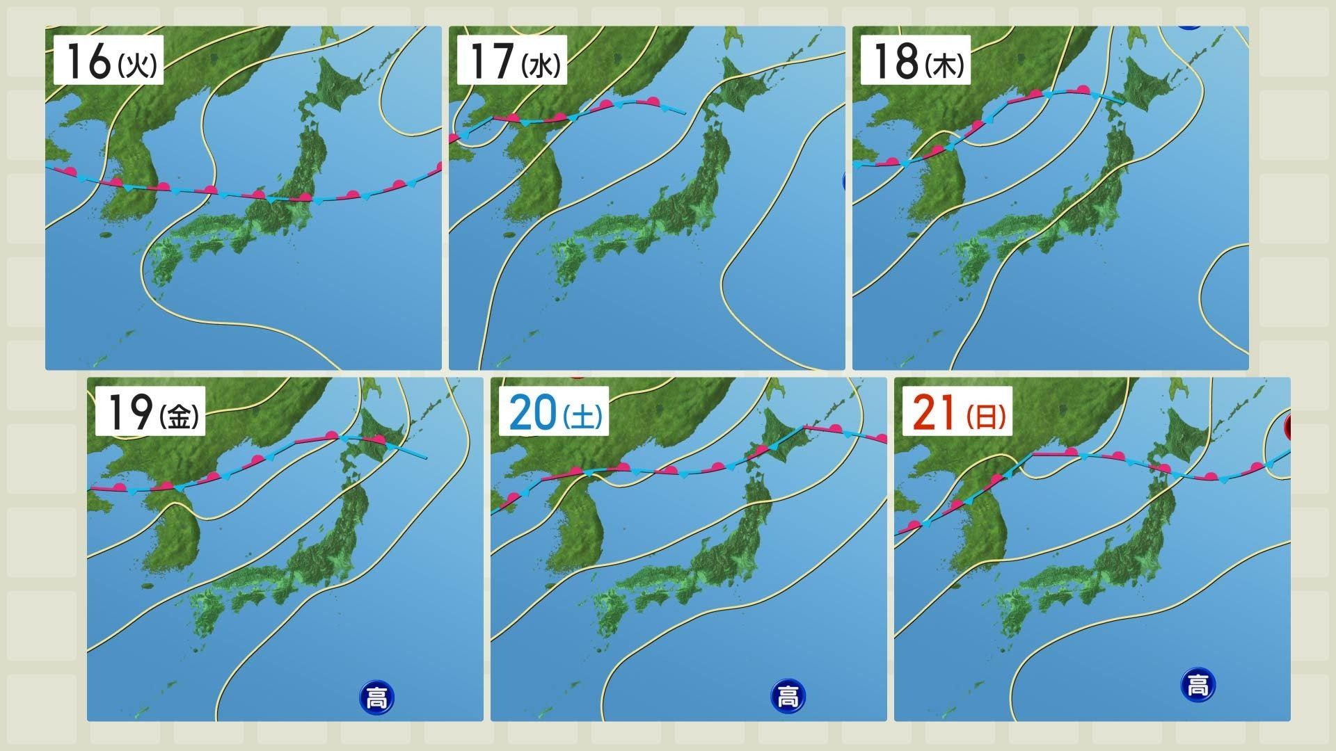 今週は南から高気圧が張り出し梅雨前線は北日本へ