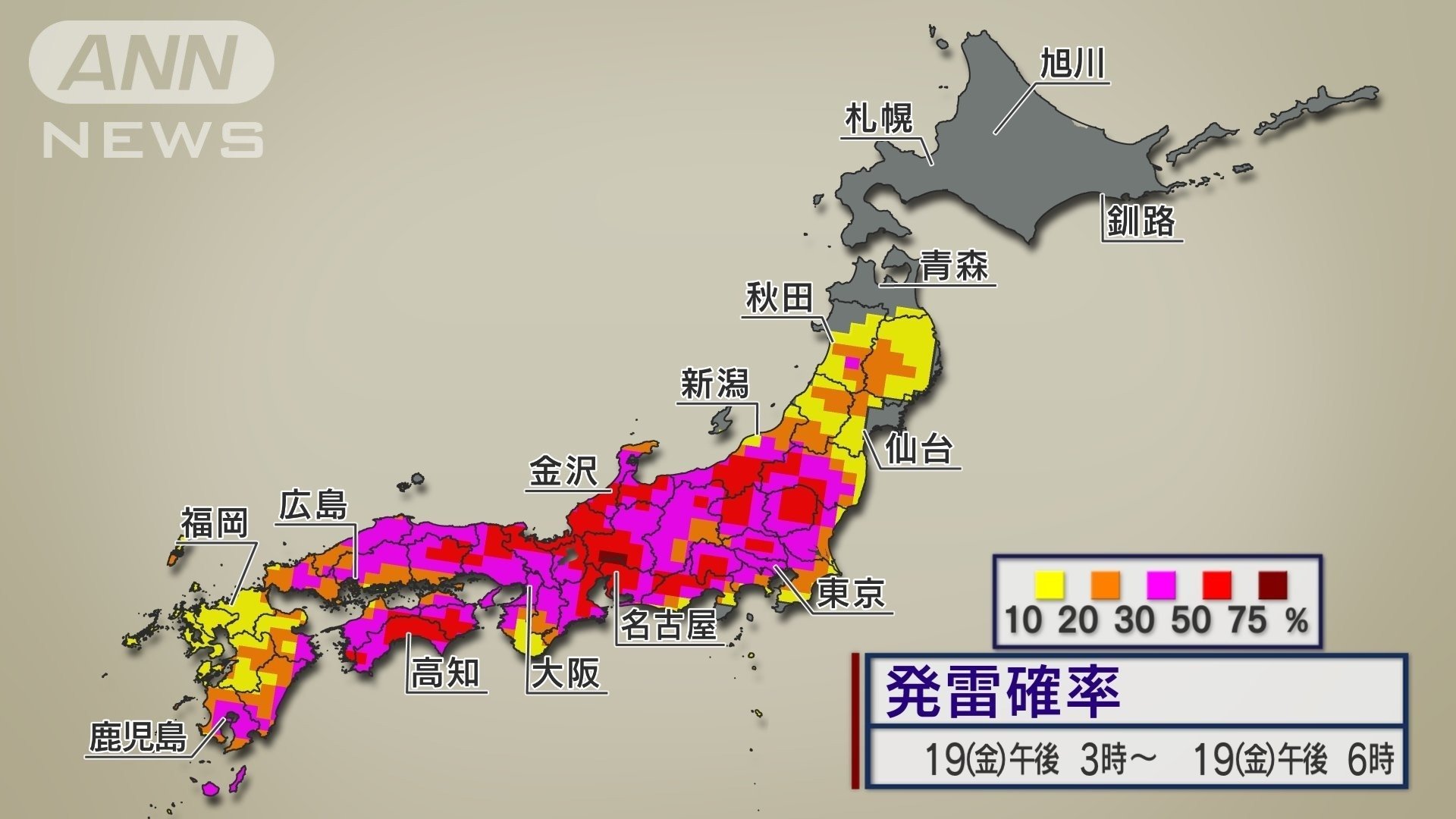 19日（金）夕方に雷が発生する確率