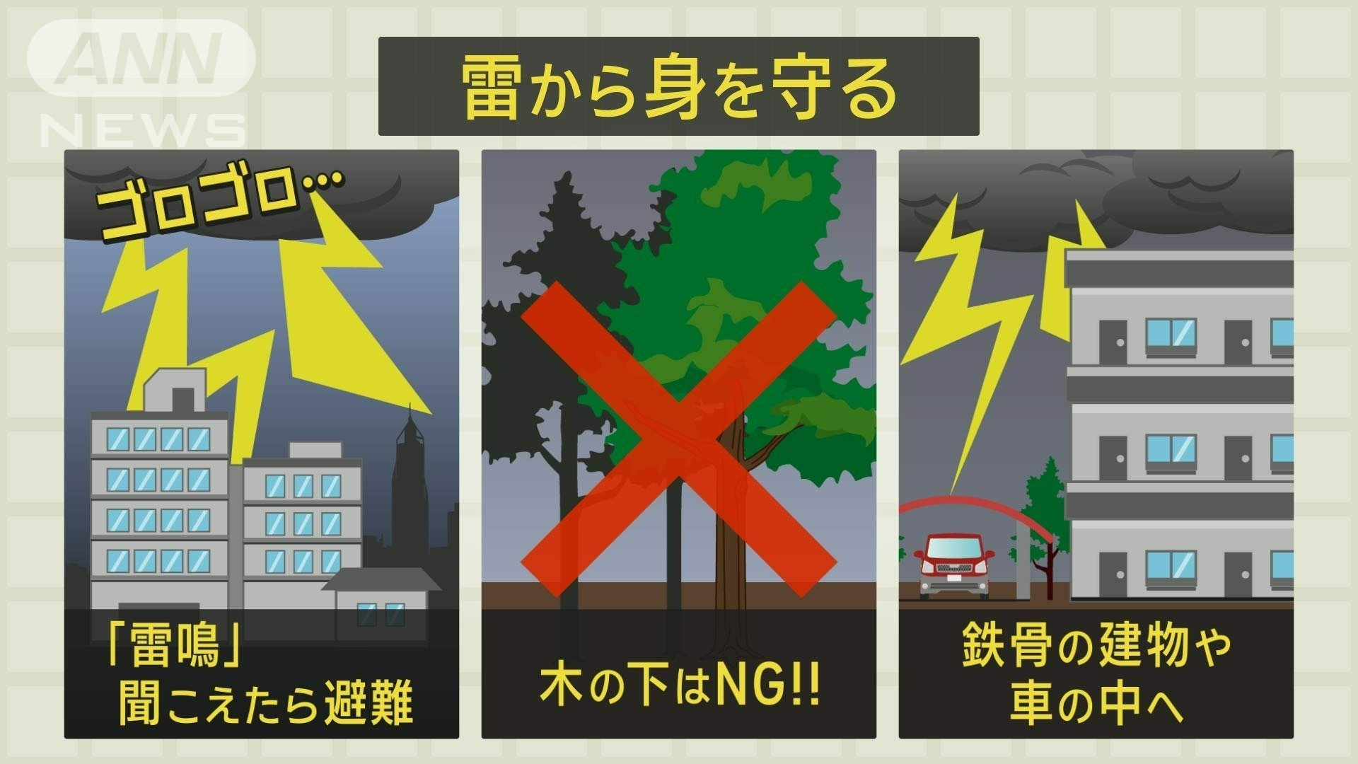 雷鳴が聞こえてたら、頑丈な建物に避難。木の下は危険です。