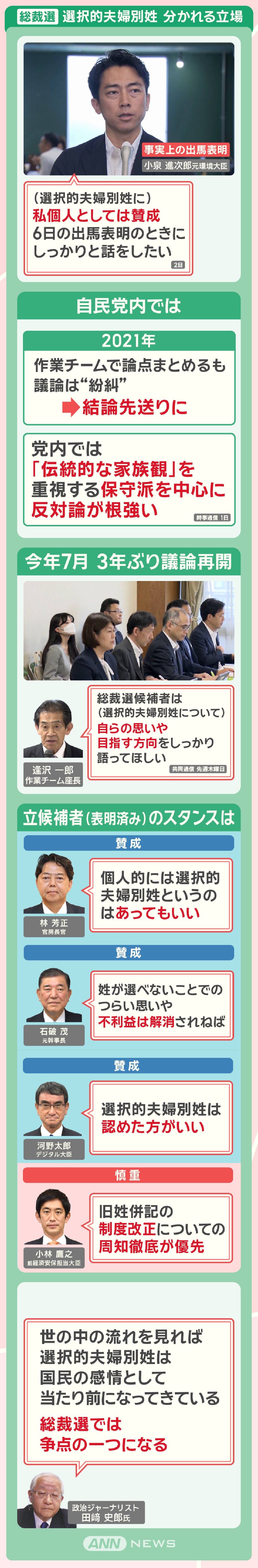 総裁選 選択的夫婦別姓 分かれる立場