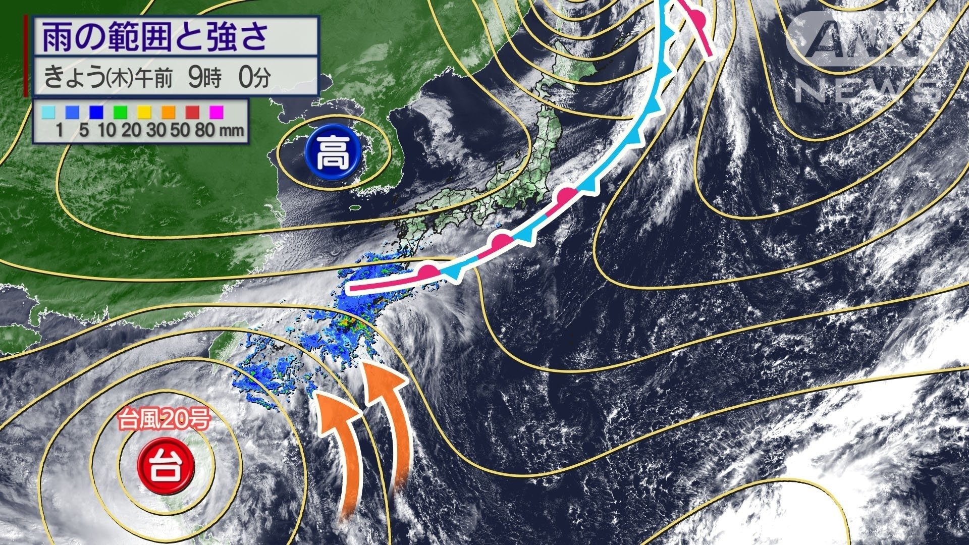台風20号からの暖湿流で沖縄は記録的大雨に