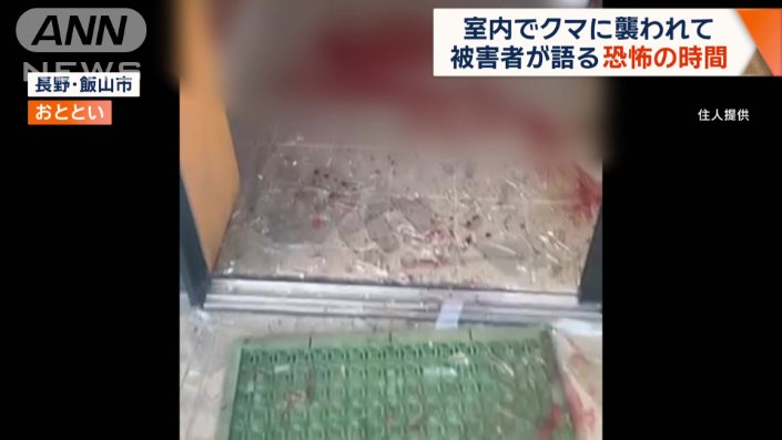 玄関の内側に散らばるガラスの破片