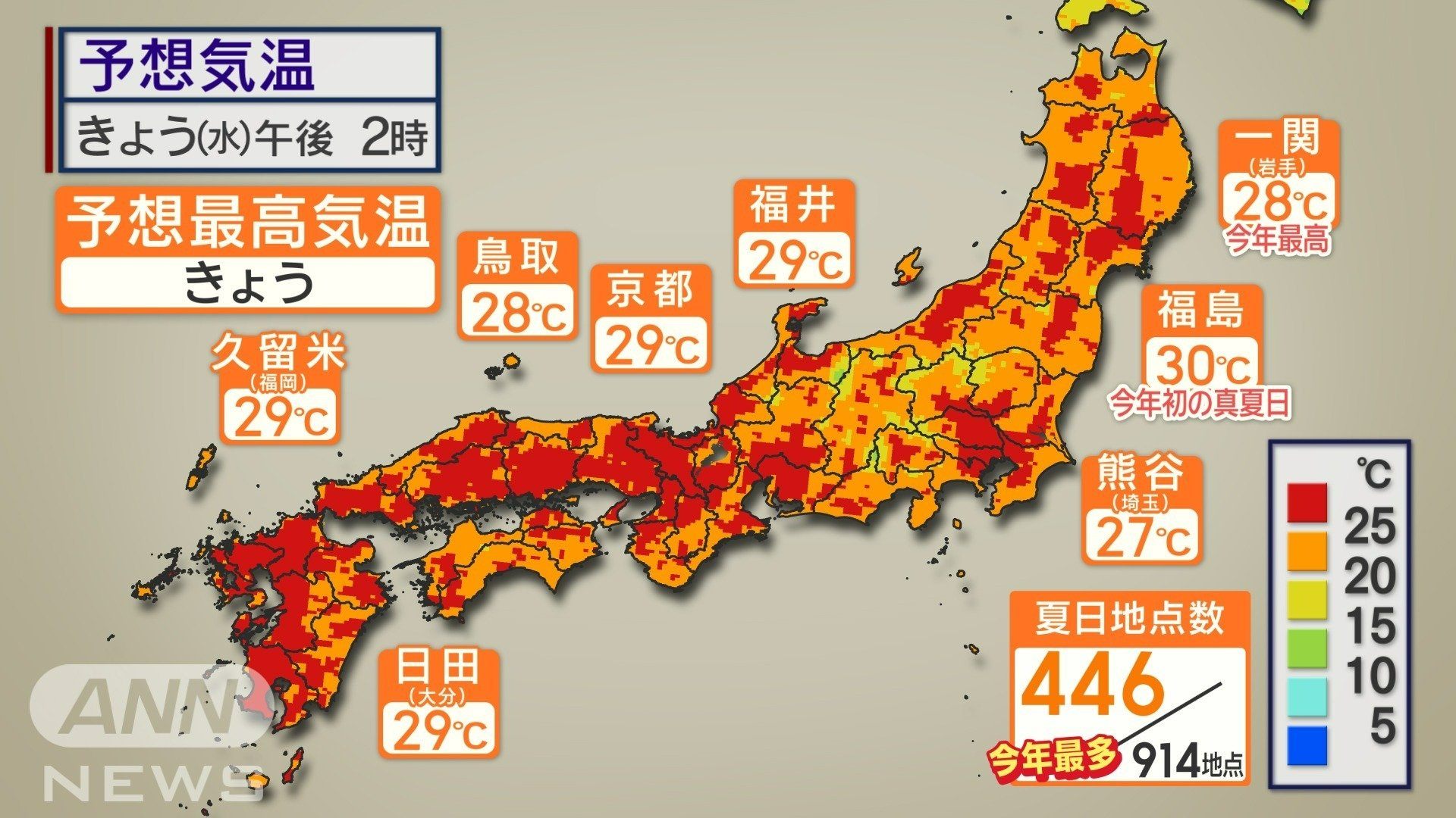 きょう14日午後2時の気温分布と最高気温