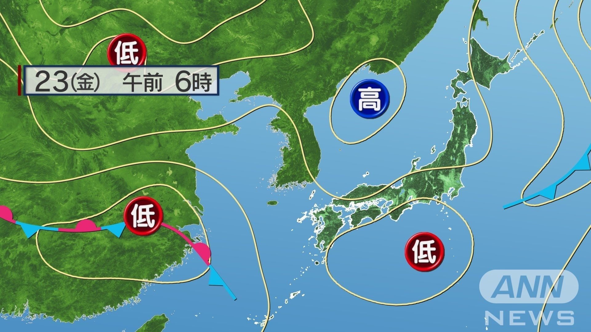 23日午前6時の天気図　西の梅雨前線上に低気圧